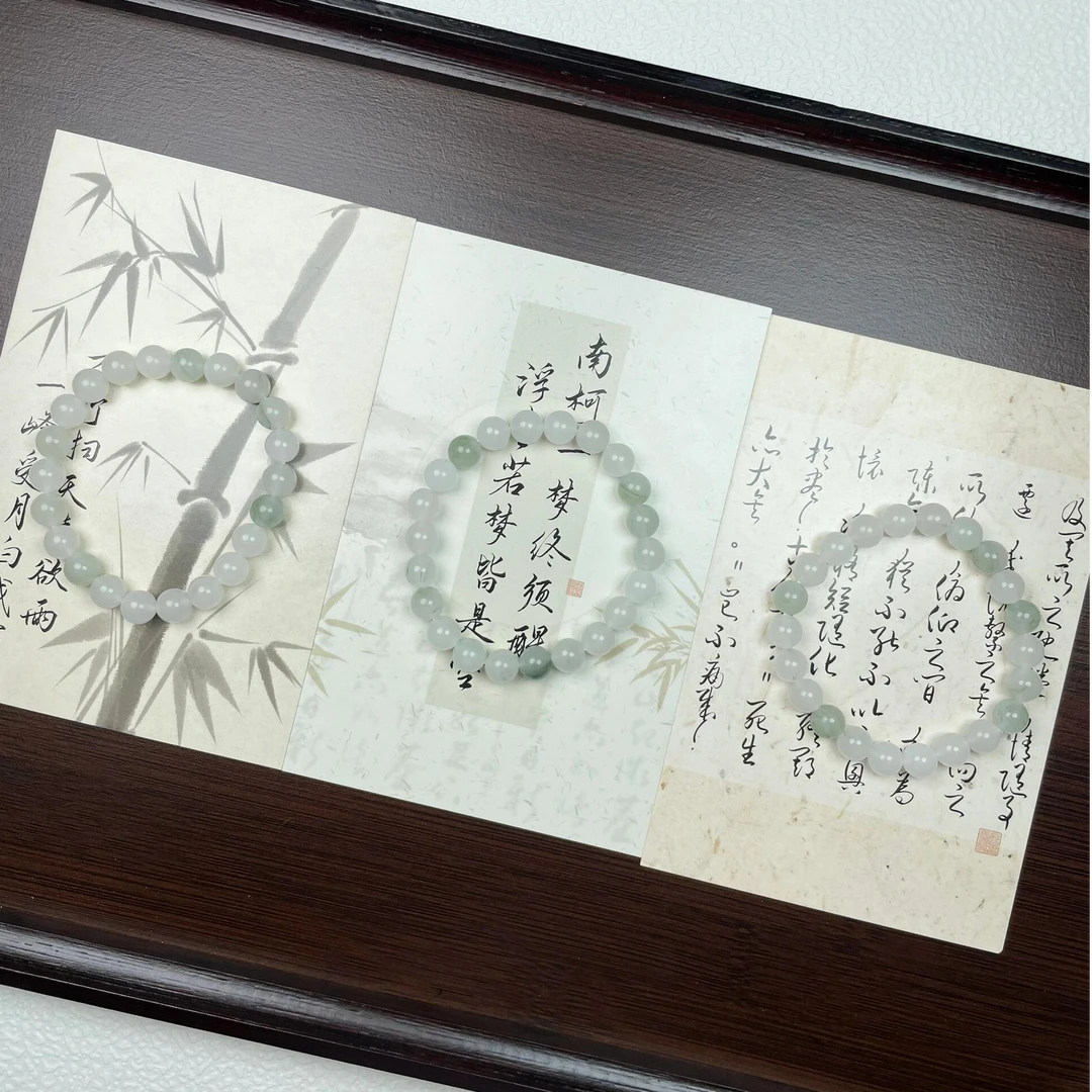 新疆天山翠手镯镯心料手链天然玉石冰透金丝玉小翡色玉石飘翠珠子