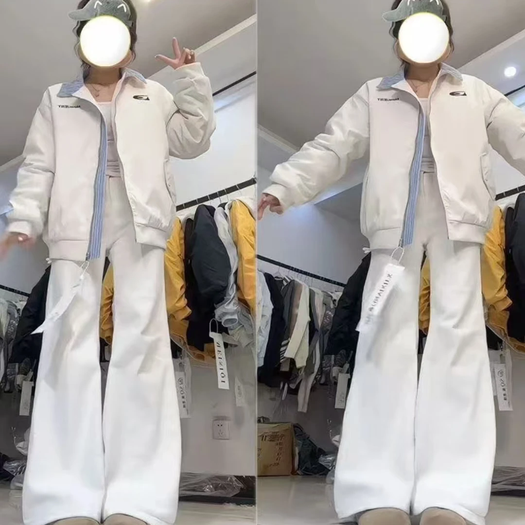 秋冬菱格二棉加厚美式拼接复古绣花假两件翻领保暖夹克外套女