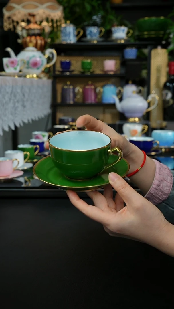 手作高白泥、翡翠绿杯碟