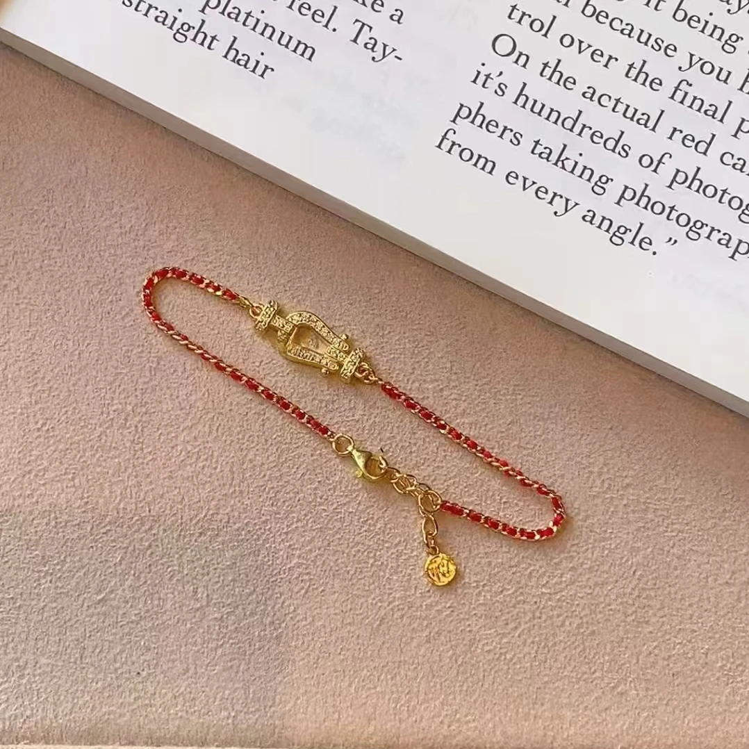 合金锆石手链 马蹄扣红绳手链新年款镀18K金手链可调节