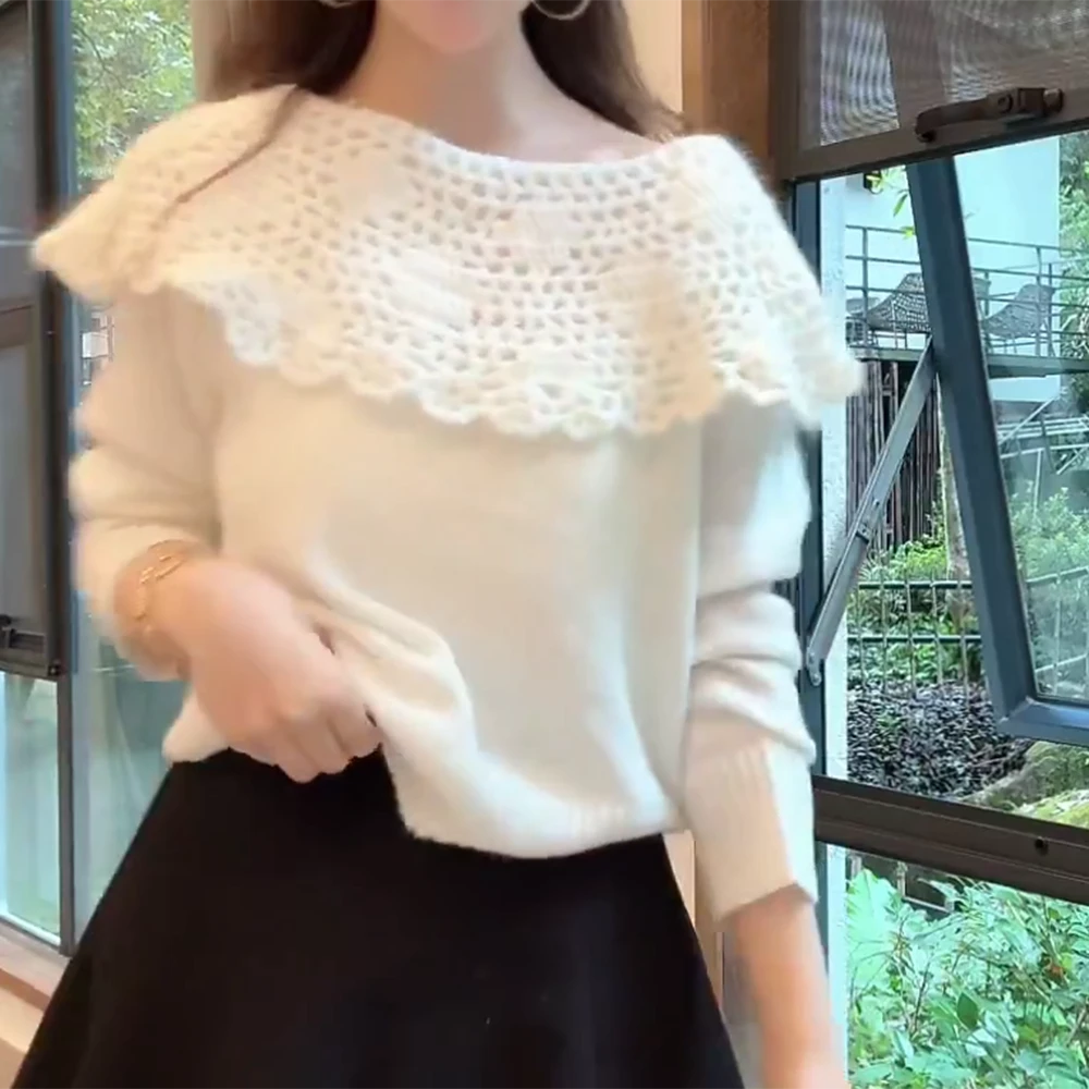 秋季新款韩系镂空翻领设计软糯长袖套头针织上衣C6252
