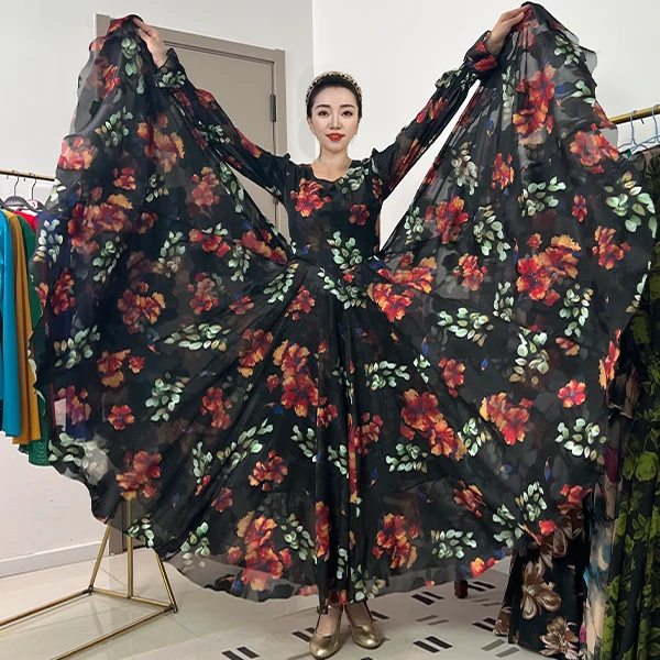 花韵灵影-人丝混纺轻奢印花法式收腰连衣裙/大摆带内衬