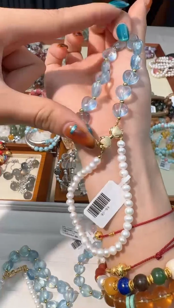 【闪购商品】水晶手链未镶嵌A026珍珠海蓝爱心双圈款