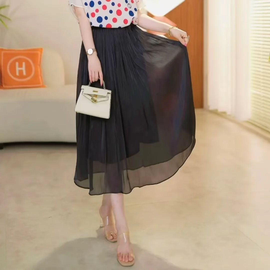 韩紫朵百搭长显瘦半身裙高腰褶皱气质1300