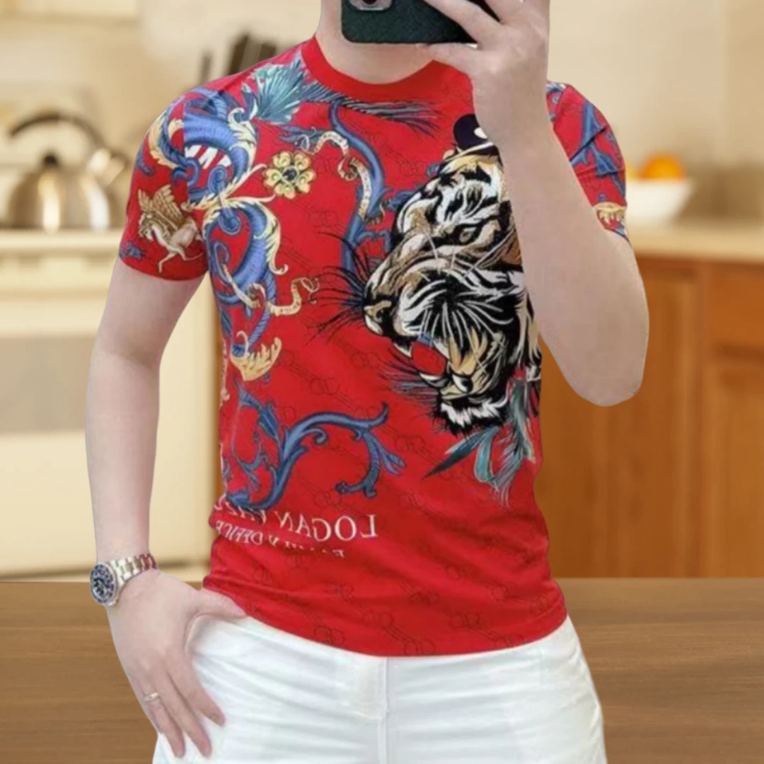 新款2025年夏季圆领男士短袖T恤潮流修身3D印花老虎时尚帅气体恤