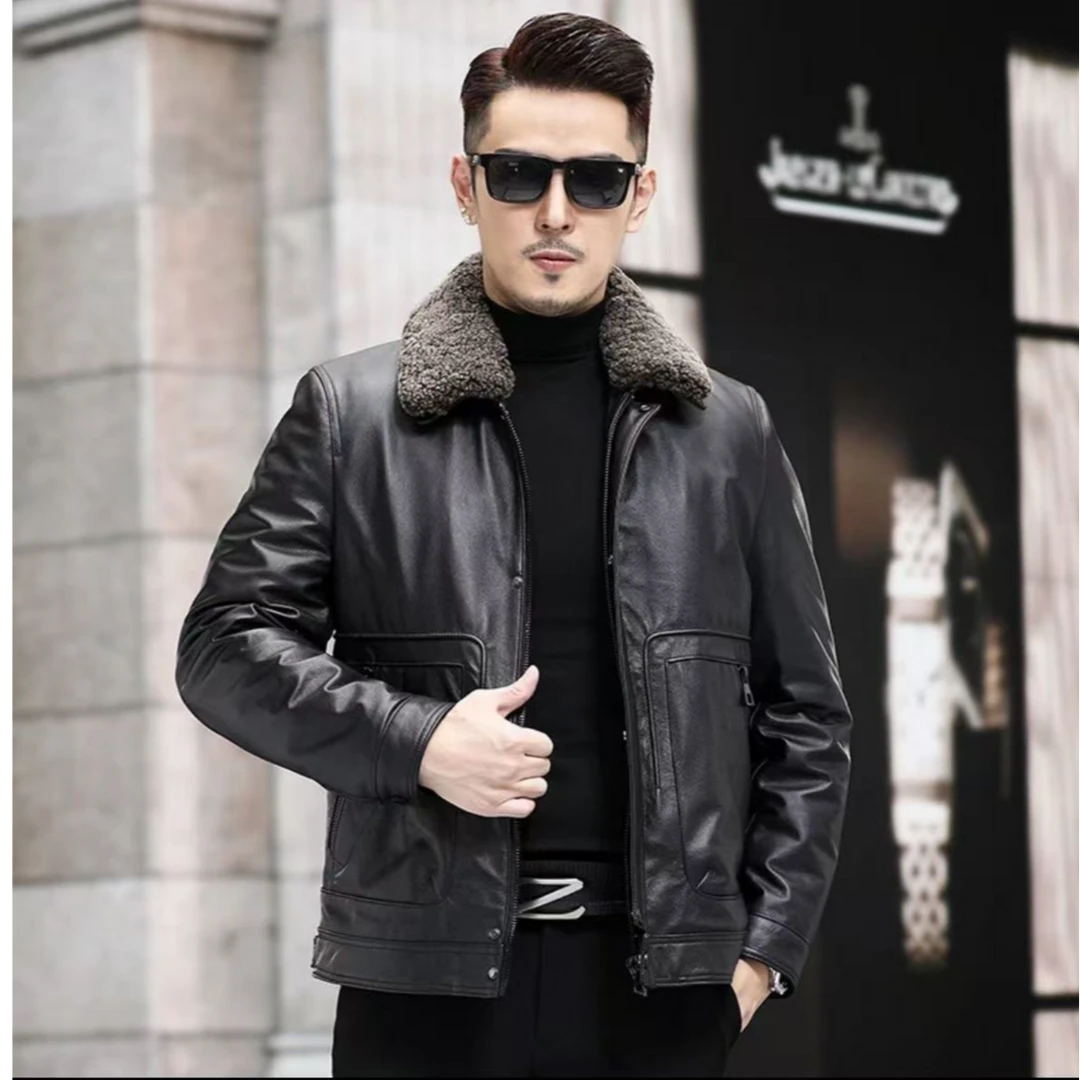 真皮头层牛皮夹克海宁男士加绒加厚可脱卸内胆毛领冬季男装外套