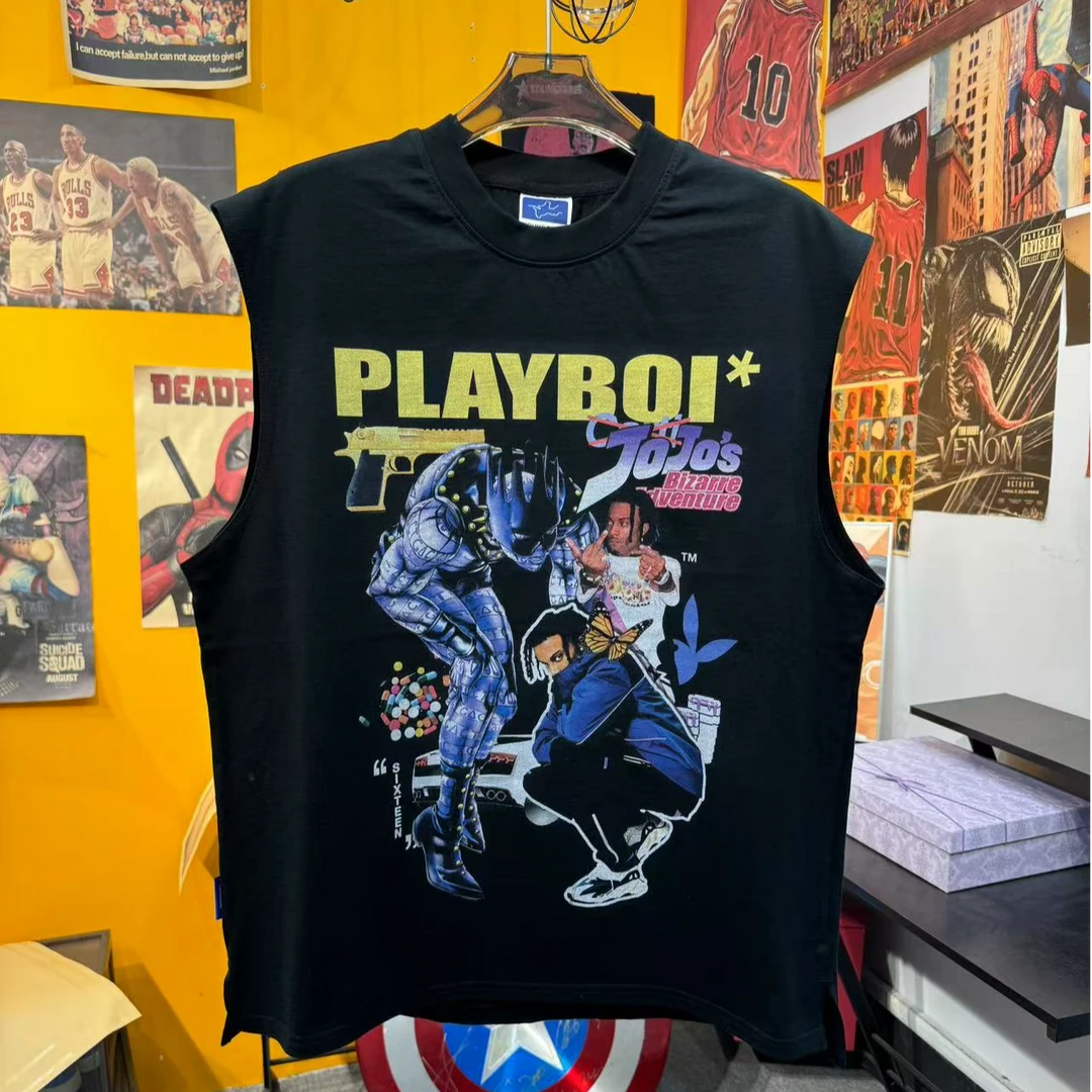 Playboi Carti嘻哈JOJO动漫印花合集砍袖背心复古美式宽松砍肩T恤