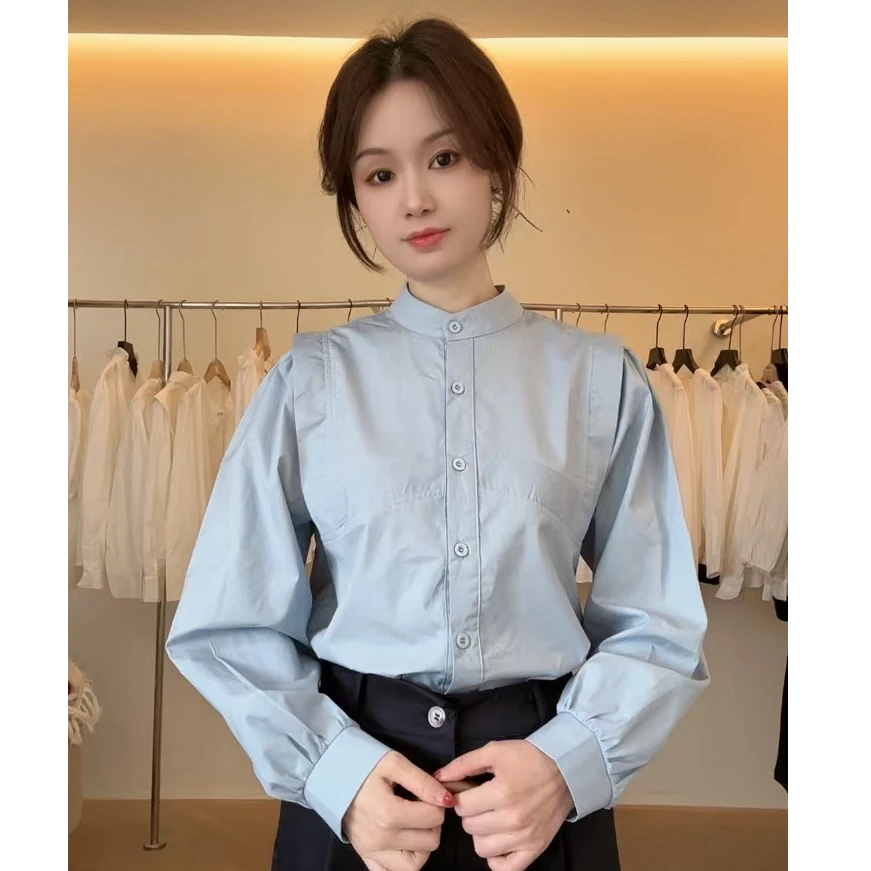 032（长袖）小众法式洋气拼接棉衬衣女春装新款长袖百搭上衣