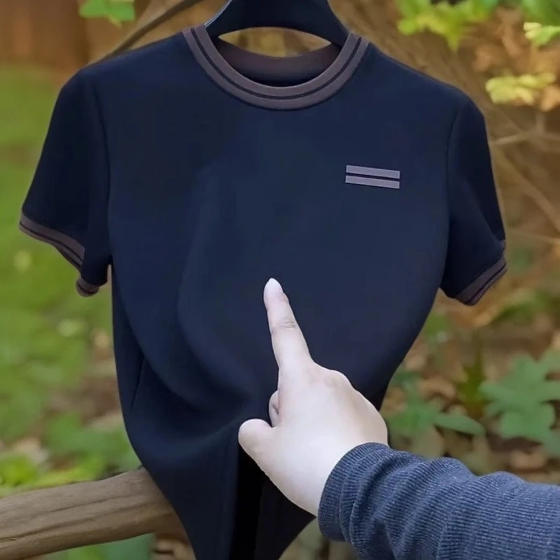 2025夏季恤男士显瘦修身弹力短袖体恤青年轻奢百搭撞色圆领半袖
