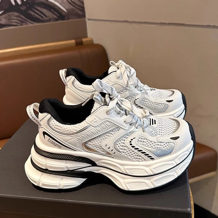 增高复古老爹鞋女2025新款春季厚底轻便7cm银色网布休闲运动鞋潮
