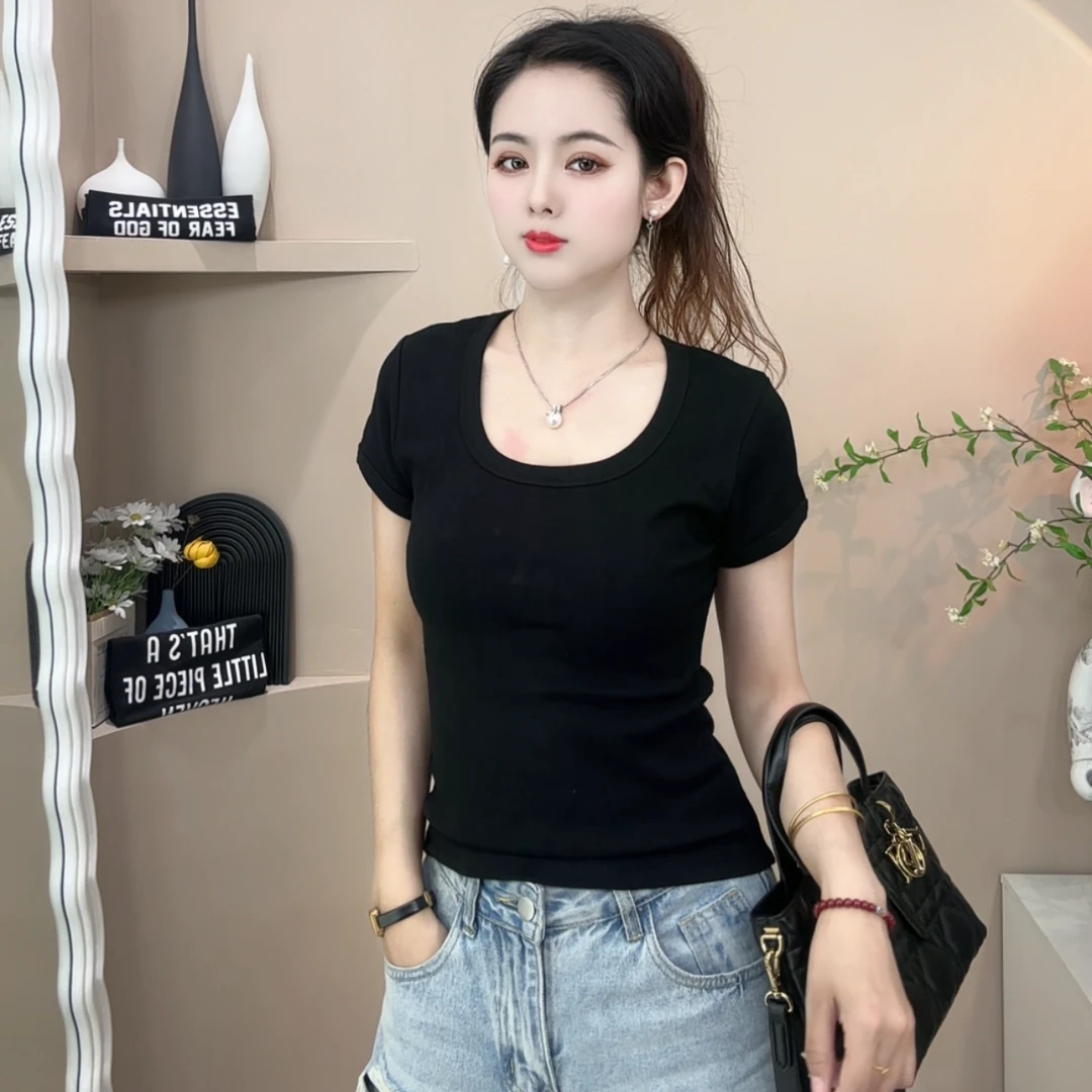 纯色性感风短袖U型领常规甜美风INS风短款通勤显瘦T恤夏季百搭