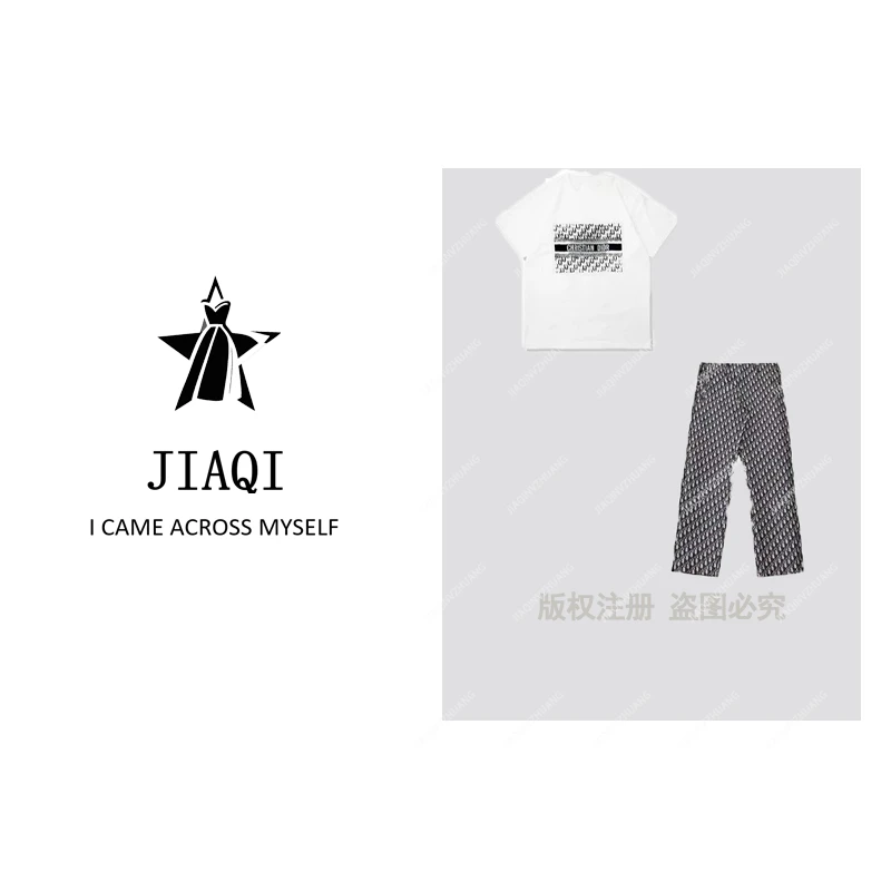 【佳琪高奢】时尚字母烫钻短袖高腰阔腿裤套装 6392#