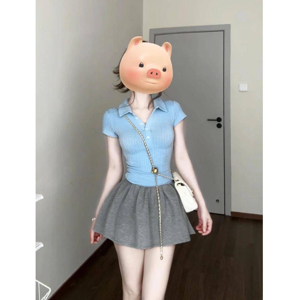 2025夏季新款韩系学院风Polo领短袖上衣搭高腰显瘦半身裙两件套女
