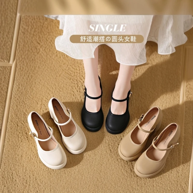 鞋子女款爆款新款秋季增高一字增高高跟鞋圆头单鞋