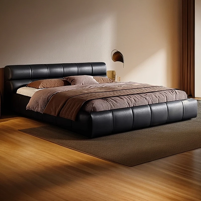 意式极简头层牛皮泡芙真皮床现代简约2米x2米2别墅大床主卧双人床