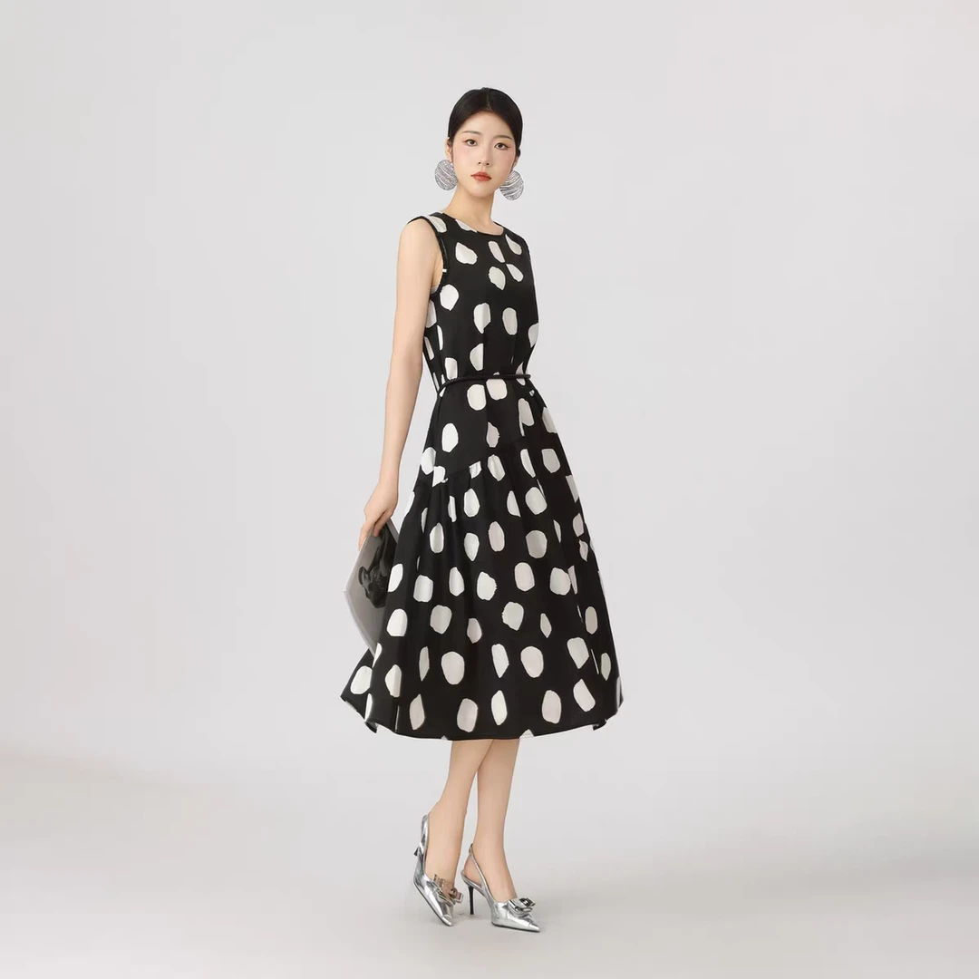 哥弟阿玛施正复古拼接波点印花长裙无袖夏季复古波点通勤连衣裙