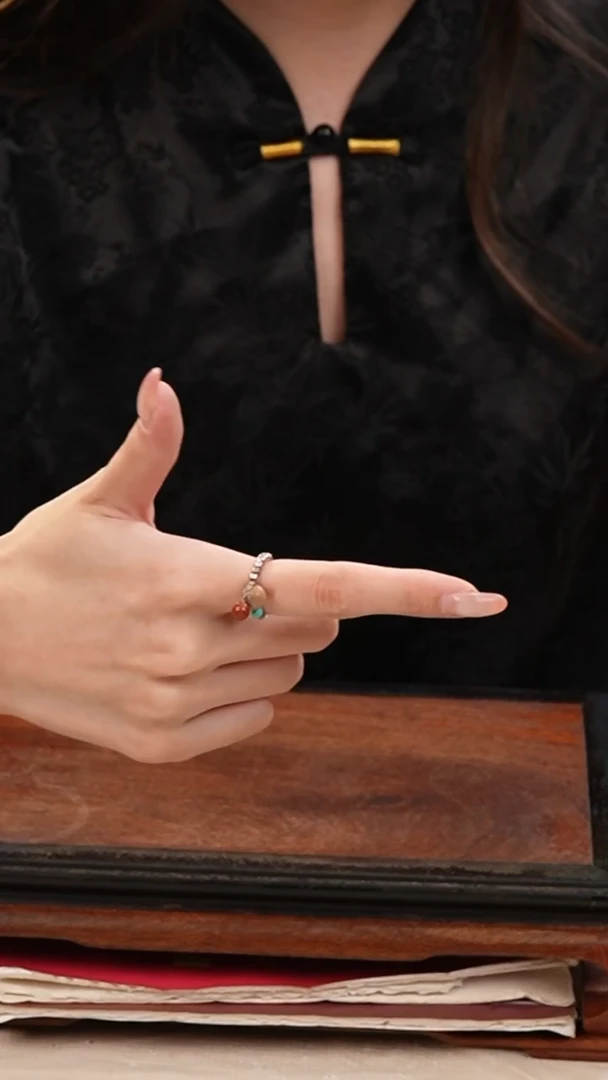 香篆1直播/饰品/印度老山檀镶嵌绿松-925纯银戒指