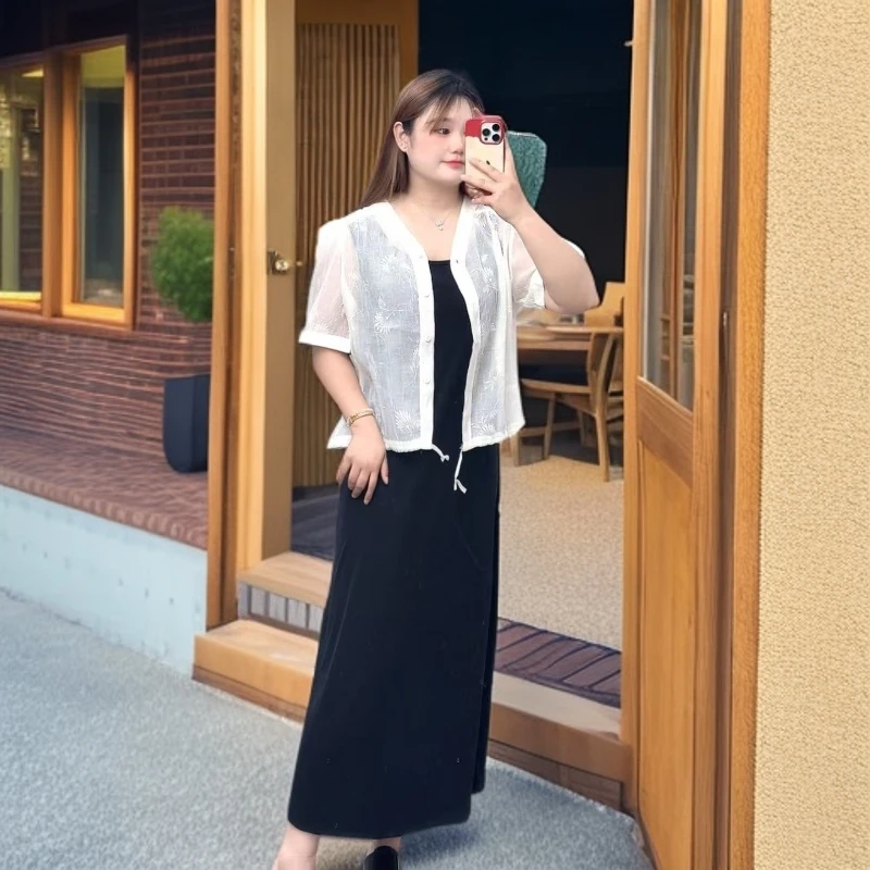 妮妮家189夏季新款时尚洋气外搭罩衫➕吊带裙两件套