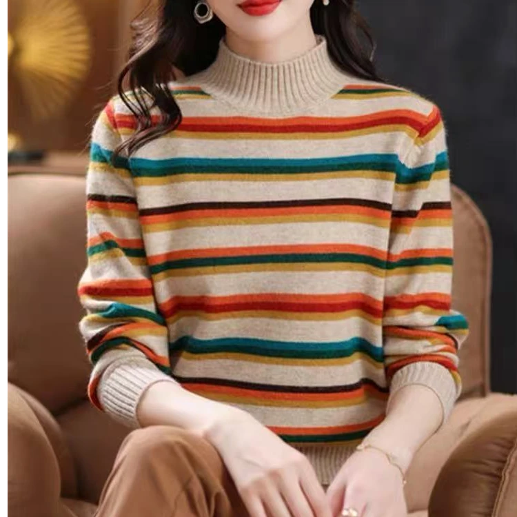 381#条纹长袖半高领毛衣秋冬新款针织衫1170