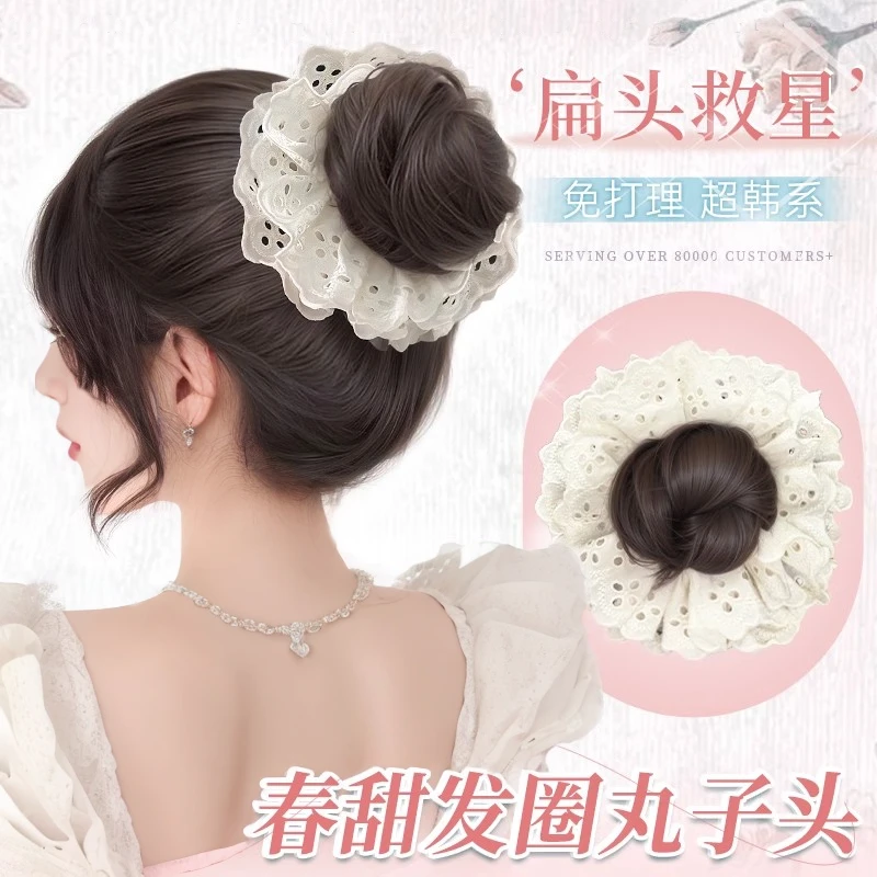 丸子头假发女蕾丝花苞头盘发神器自然蓬松真发圈头饰