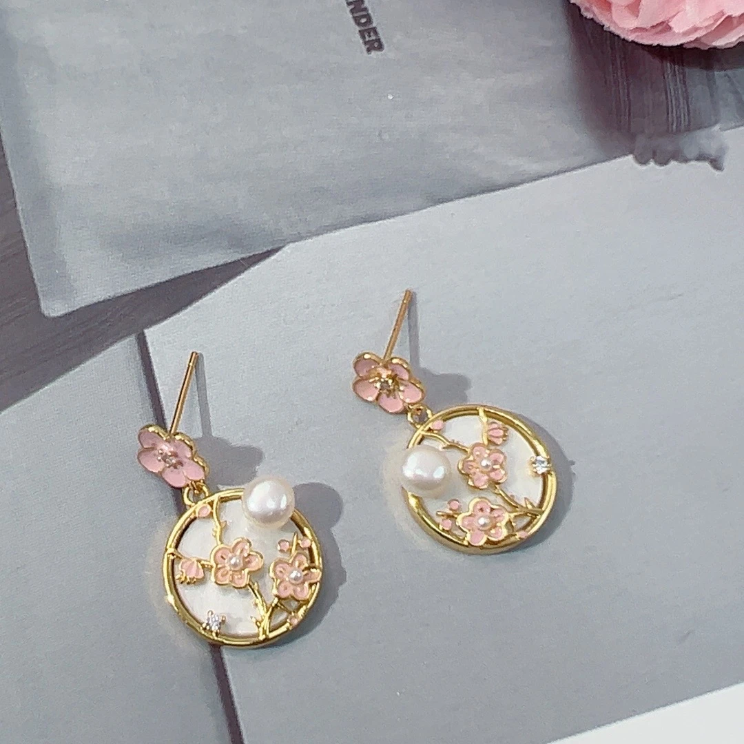 铜合金仿珍珠耳饰 耳饰- DSN设计师款新中式国风桃花耳饰（1014）