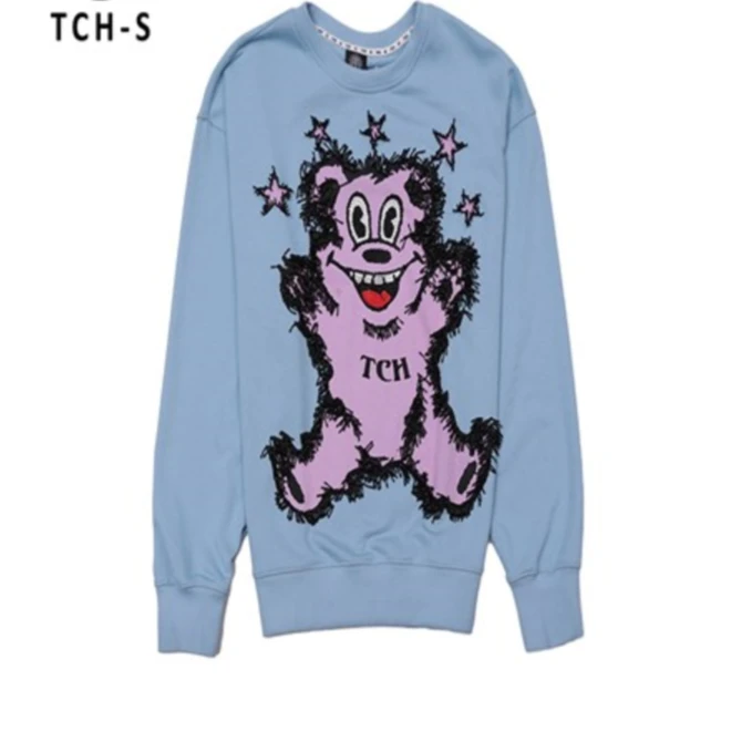 TCH服饰店播-手缝装饰小熊烫钻个性蓝色圆领宽松长袖S66C119319