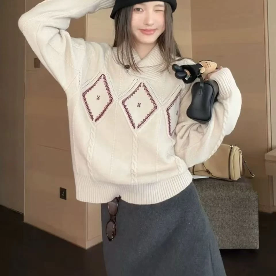 萎格镂空绞花撞色毛衣女冬季慵懒宽松设计感套头针织上衣