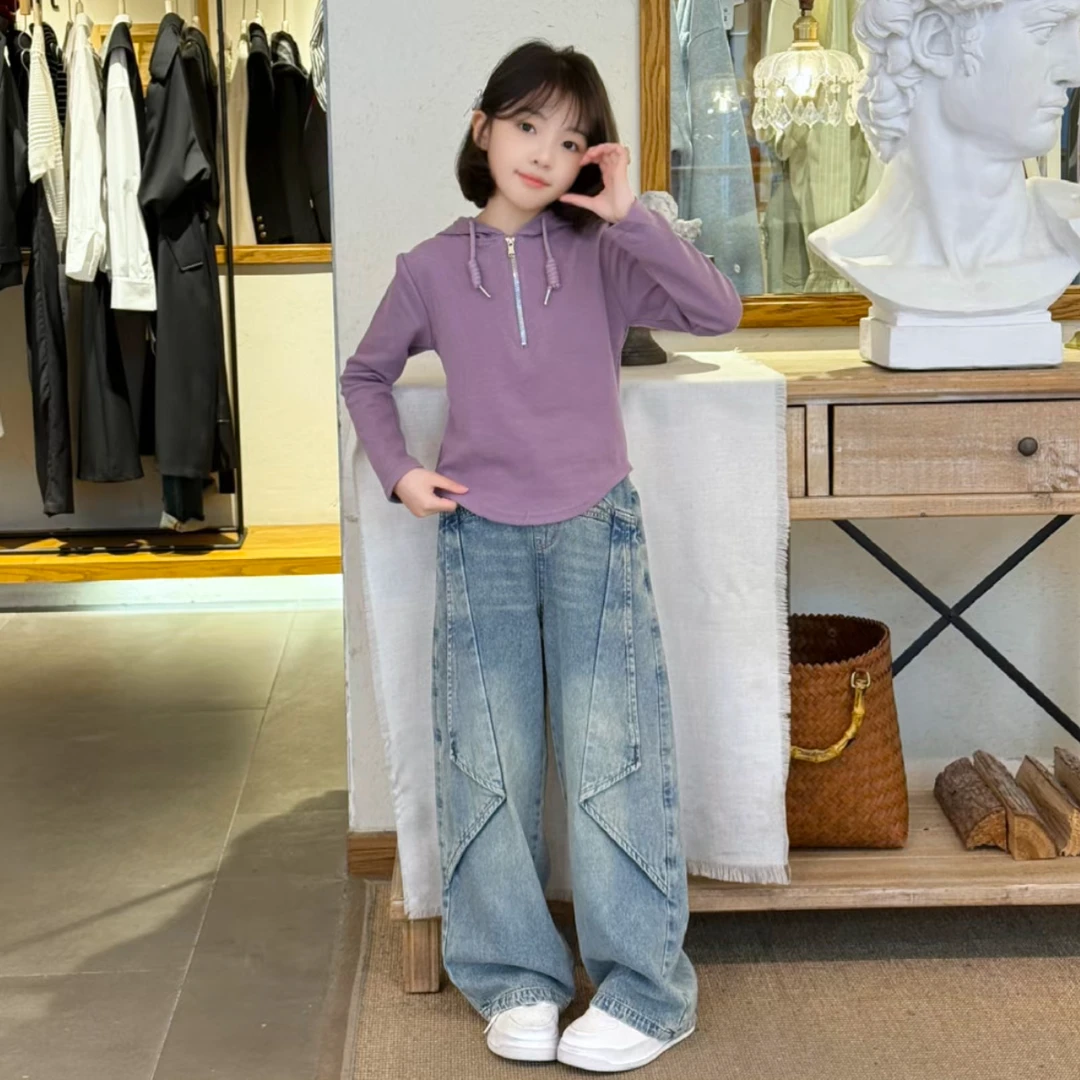 女童春季套装韩系百搭2025新款中大童女孩连帽卫衣牛仔裤两件套