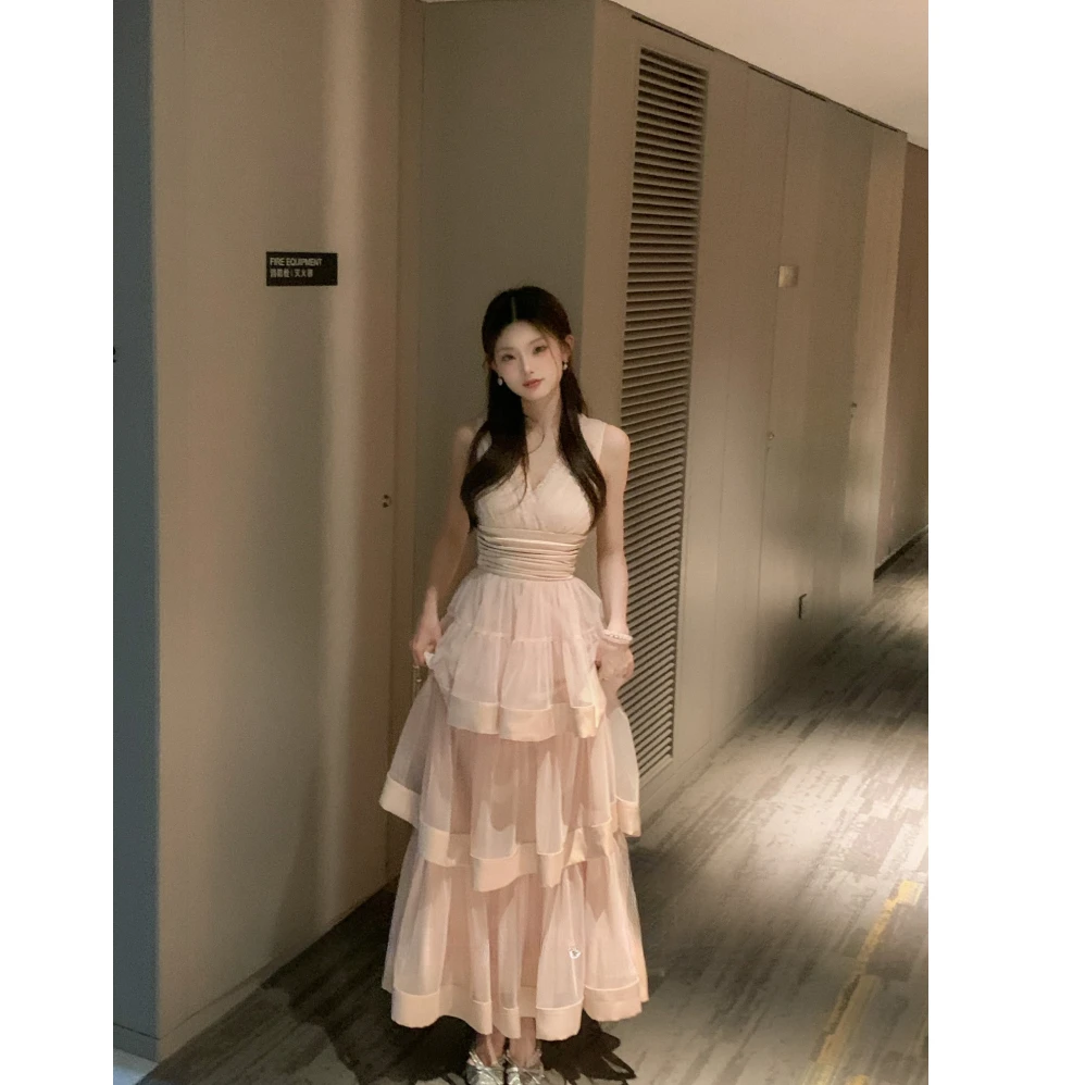 法式时尚气质重工韩系古早蛋糕网纱缎面连衣裙女夏季新款拼接长裙