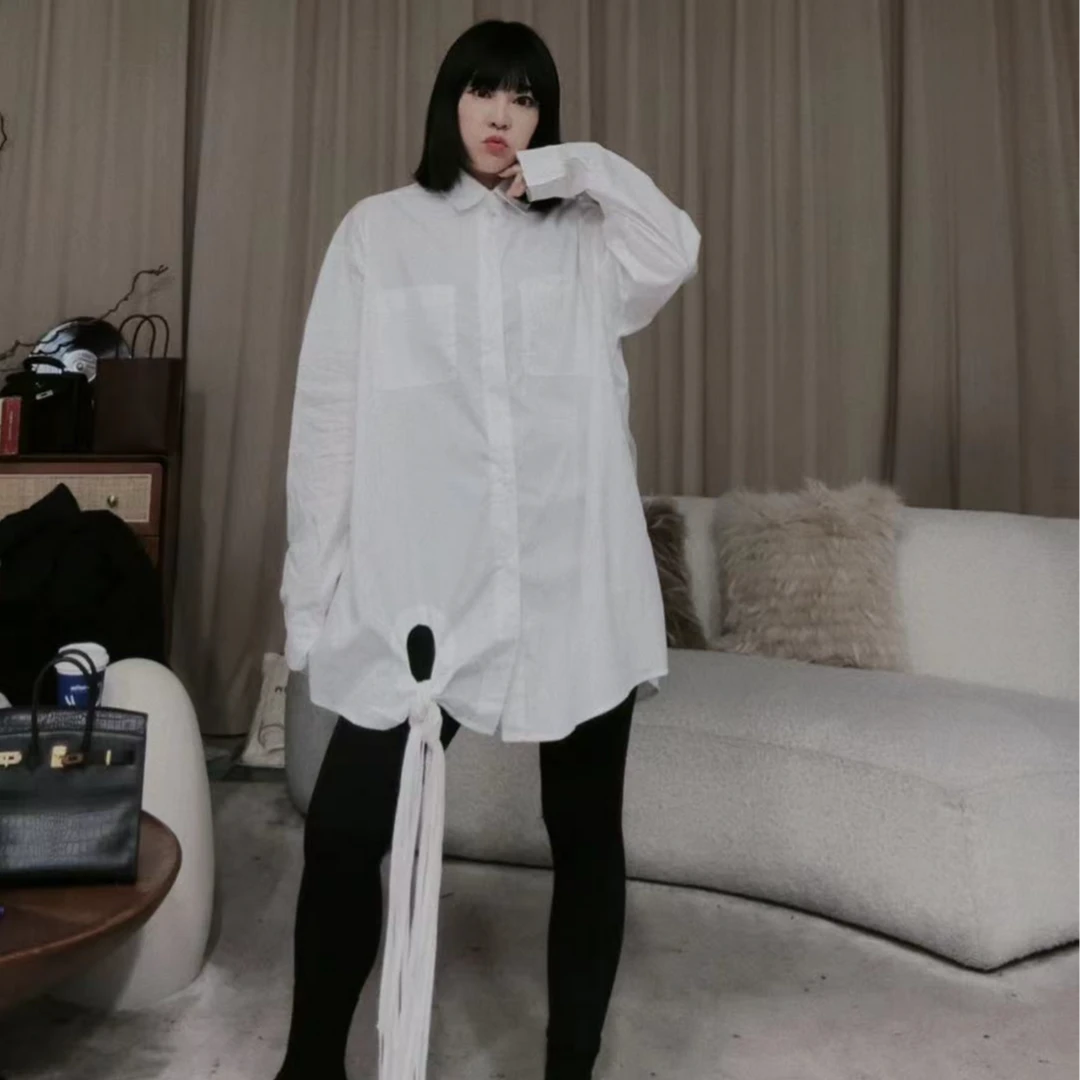 infobyfive福利秋冬白色长袖设计款流苏衬衫衬衣2DA0706
