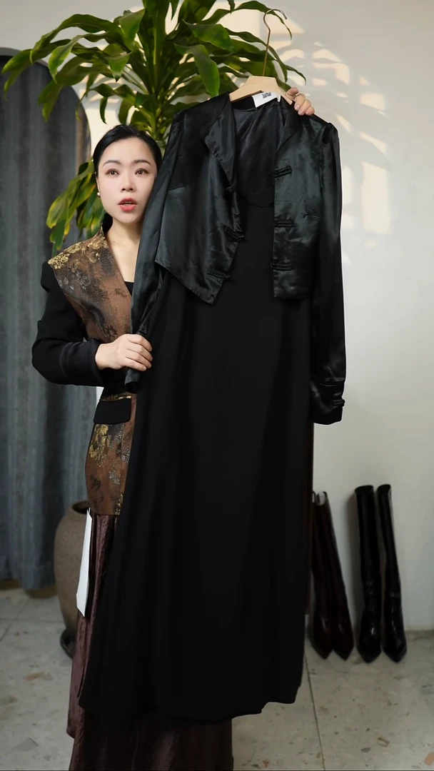 【样衣默认微次】中式外套吊带连衣裙两件套，黑色，尺码S（90-115斤）