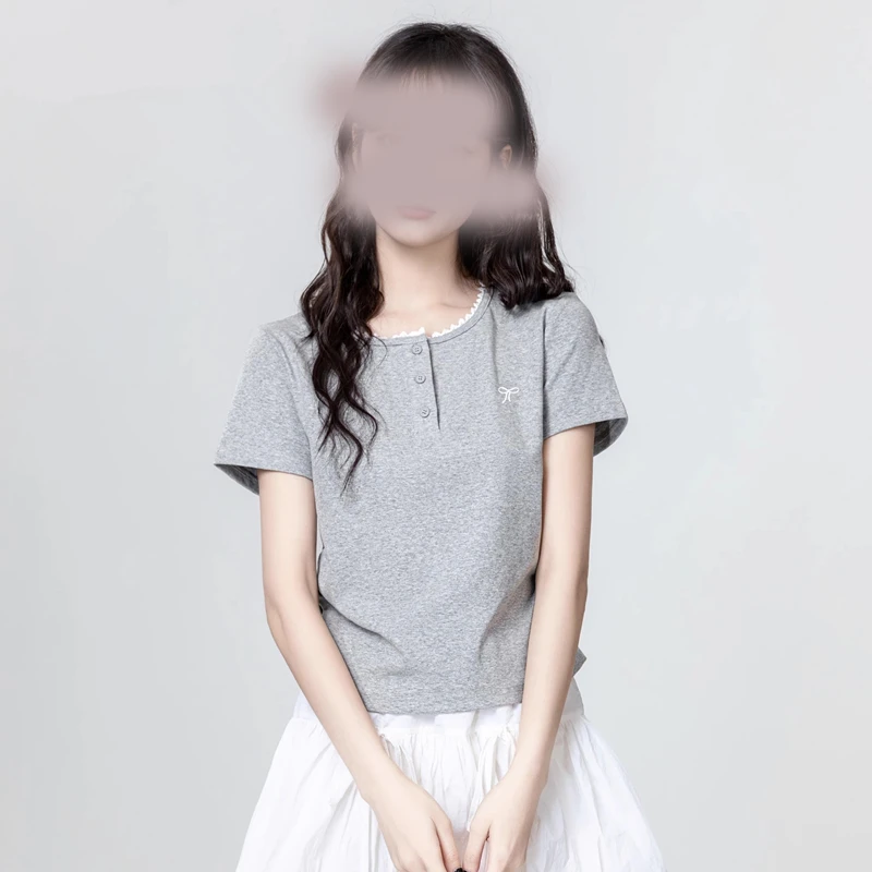 【大码】666灰色蕾丝花边短袖T恤女夏季褶皱收腰显瘦正肩体恤短上衣