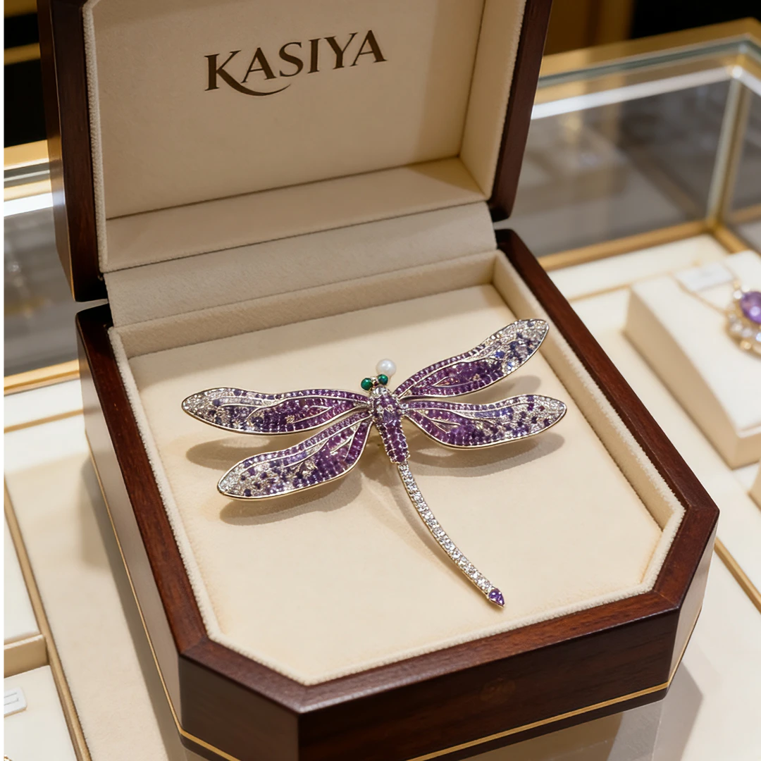 kasiya/卡思雅 铜合金仿水晶胸针 满镶紫色蜻蜓胸针轻奢胸花