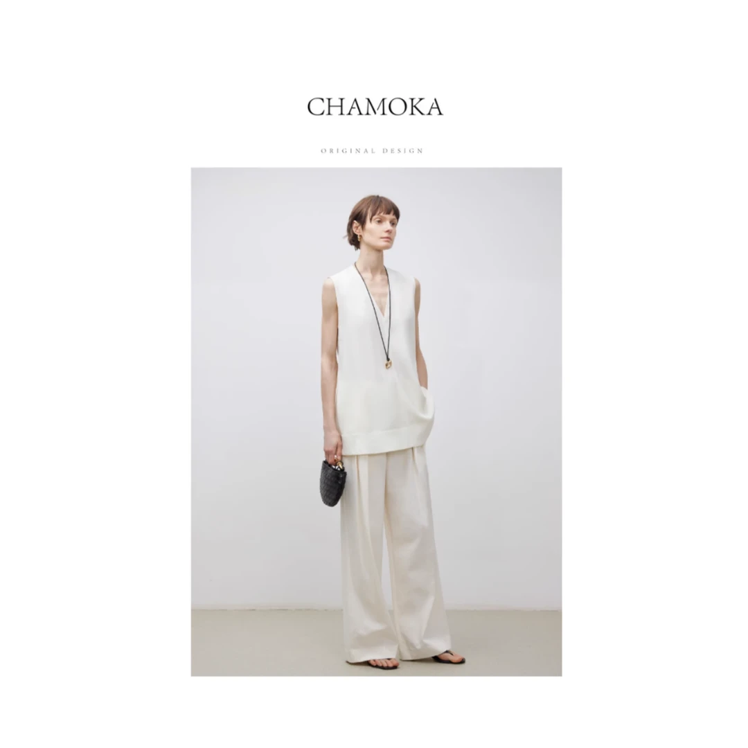 【夏莫卡】法式重磅轻奢时尚百搭显瘦设计师款V领亚麻马甲L965