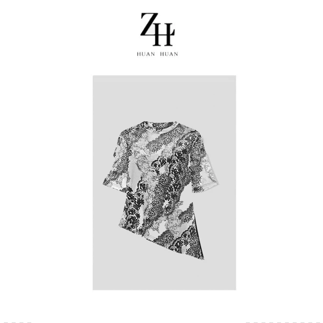 【ZH】‘’水墨青花‘’艺术印花纯欲慵懒风短袖T上衣A20912