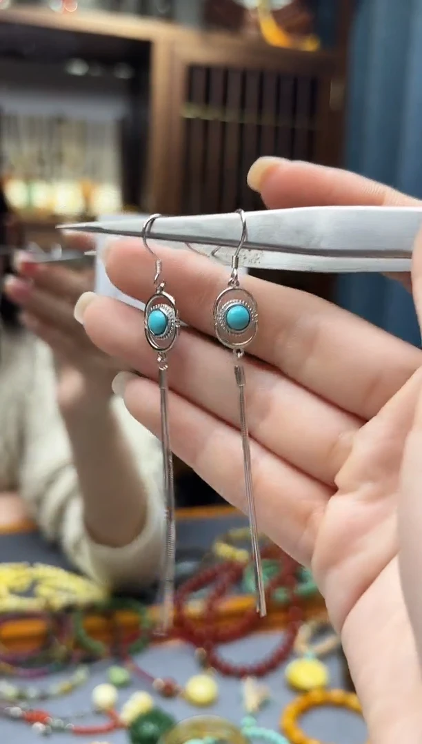 银S925镶嵌绿松石耳饰s925银松石耳坠GW