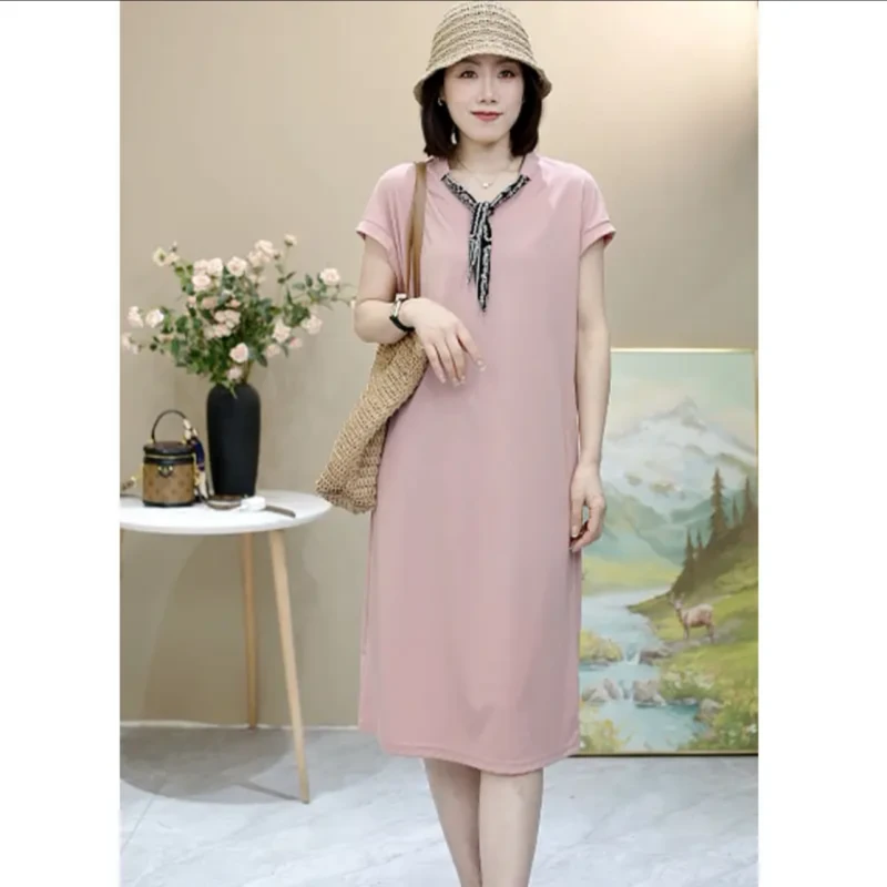 3640夏季新款纯色减龄休闲中长款连衣裙女时尚系带韩版气质裙子