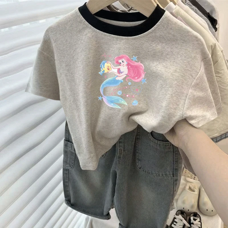 女童纯棉短袖T恤2025夏季新款人鱼公主卡通半袖夏装打底衫可爱