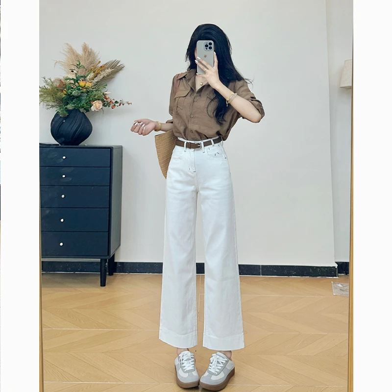 乔栈白色刺绣小个子直筒牛仔裤女秋爆款高腰显瘦设计感百搭九分裤