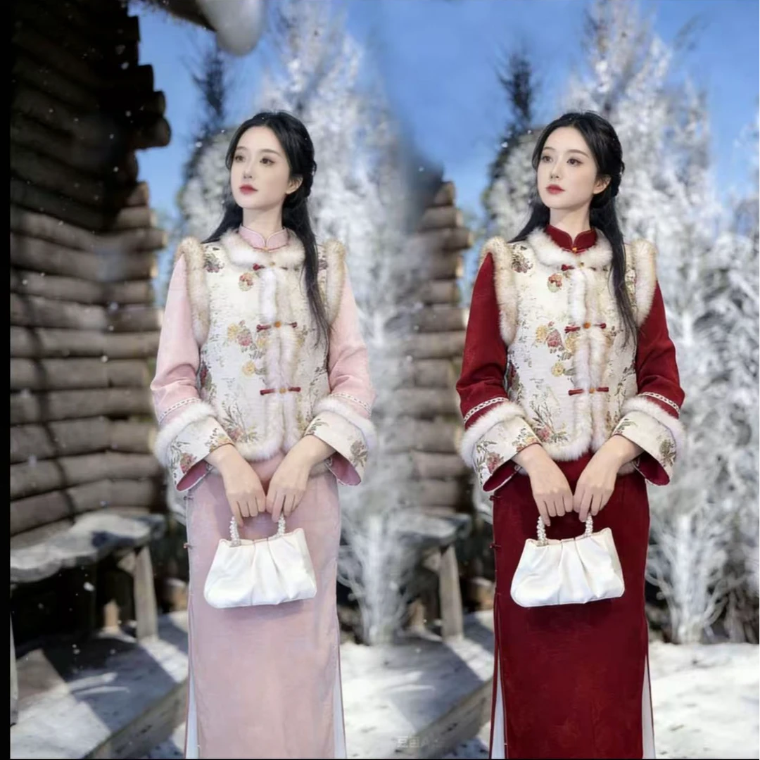 【红袖添香-3件套】2025冬季新款小个子日常气质复古中国风旗袍裙