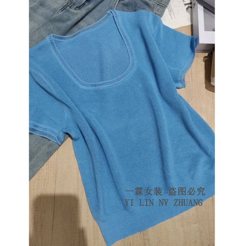 一霖女装2025夏季百搭方领时尚简约韩版短袖上衣新款针织衫EJ1131