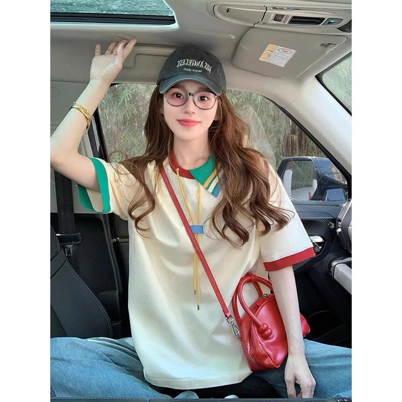 撞色polo领拼接短袖t恤女2025新款夏季美式学院风休闲上衣潮