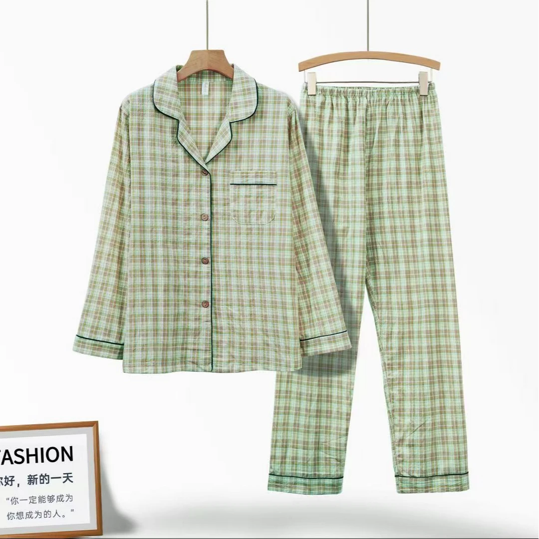 情侣棉舒适长袖长裤开衫经典格纹春秋季睡衣家居服49239C/46240