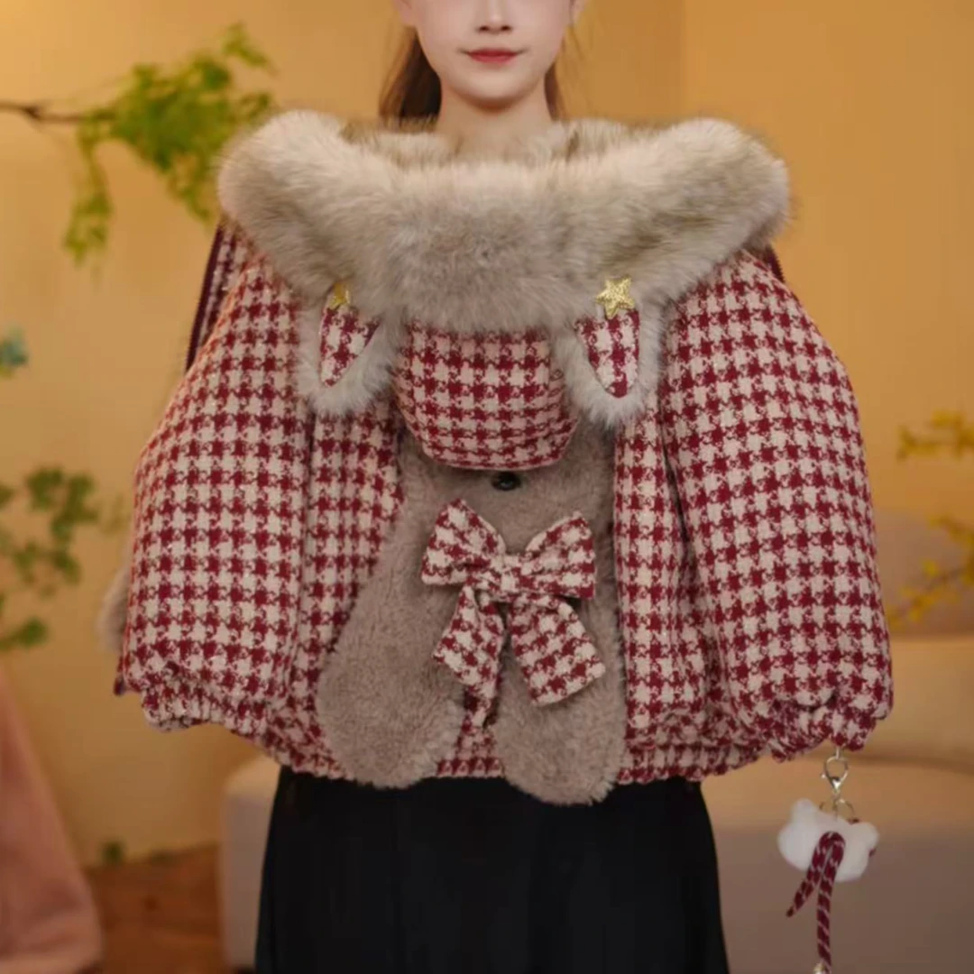 女童红色千鸟格加厚外套2025新款冬季洋气加绒格子加厚外套