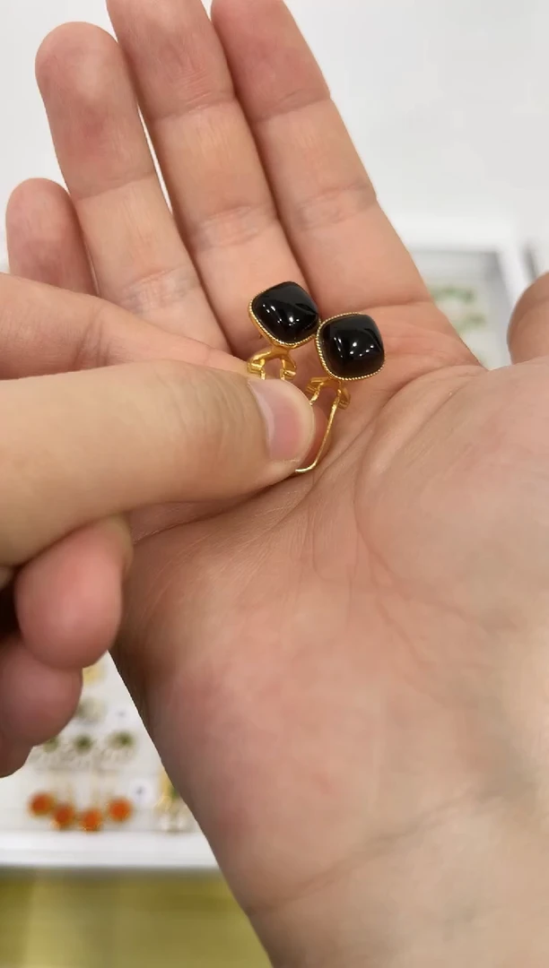 银S925镶嵌和田玉耳饰方糖耳扣06