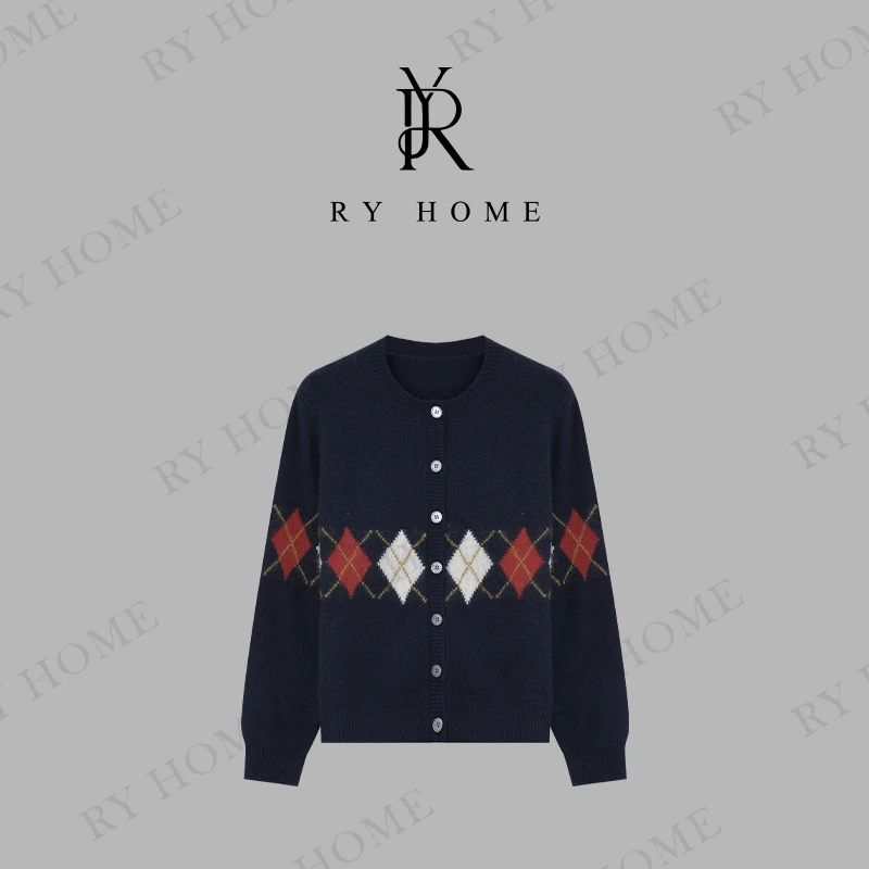 【容雨RYHOME】绵羊毛经典复古北欧风菱格毛衣243M2781