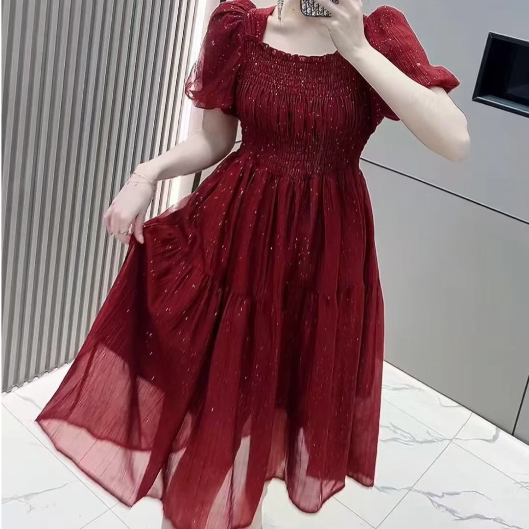 2525夏季大码甜美风御姐范短袖泡泡袖方领松紧腰显瘦遮肉连衣裙