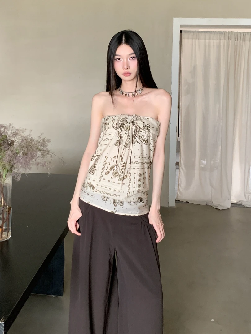 MOONSEE 复古度假桑蚕丝腰果花两穿抹胸/半裙松弛翻折抹胸上衣女