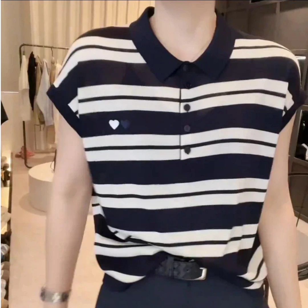 2025爱心条纹飞袖显瘦时尚百搭夏季宽松翻领上衣