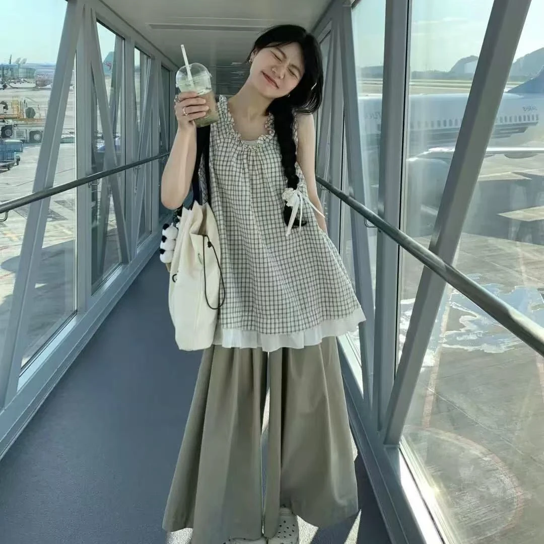 FRVXO文艺复古套装女夏新款宽松格子无袖阔腿裤两件套高级感